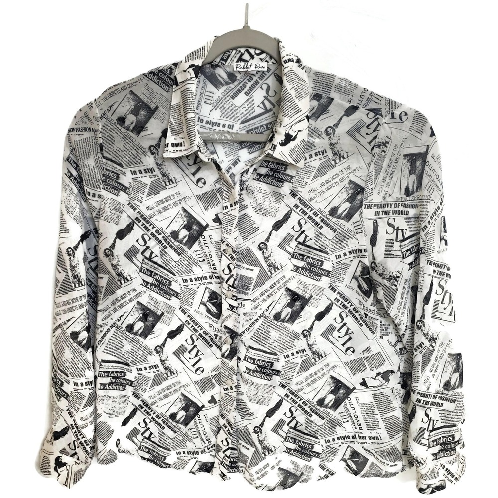 Rabbit Rose Shirt Womens XL White Black Newspaper Print Button Up Long Sleeve‎